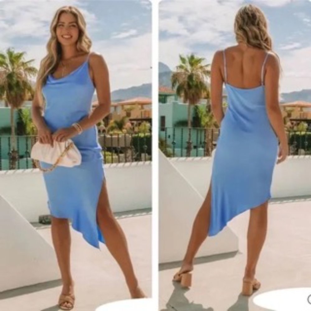 NWT VICI NESSA ASYMMETRICAL MIDI SLIP DRESS - BLUE XS